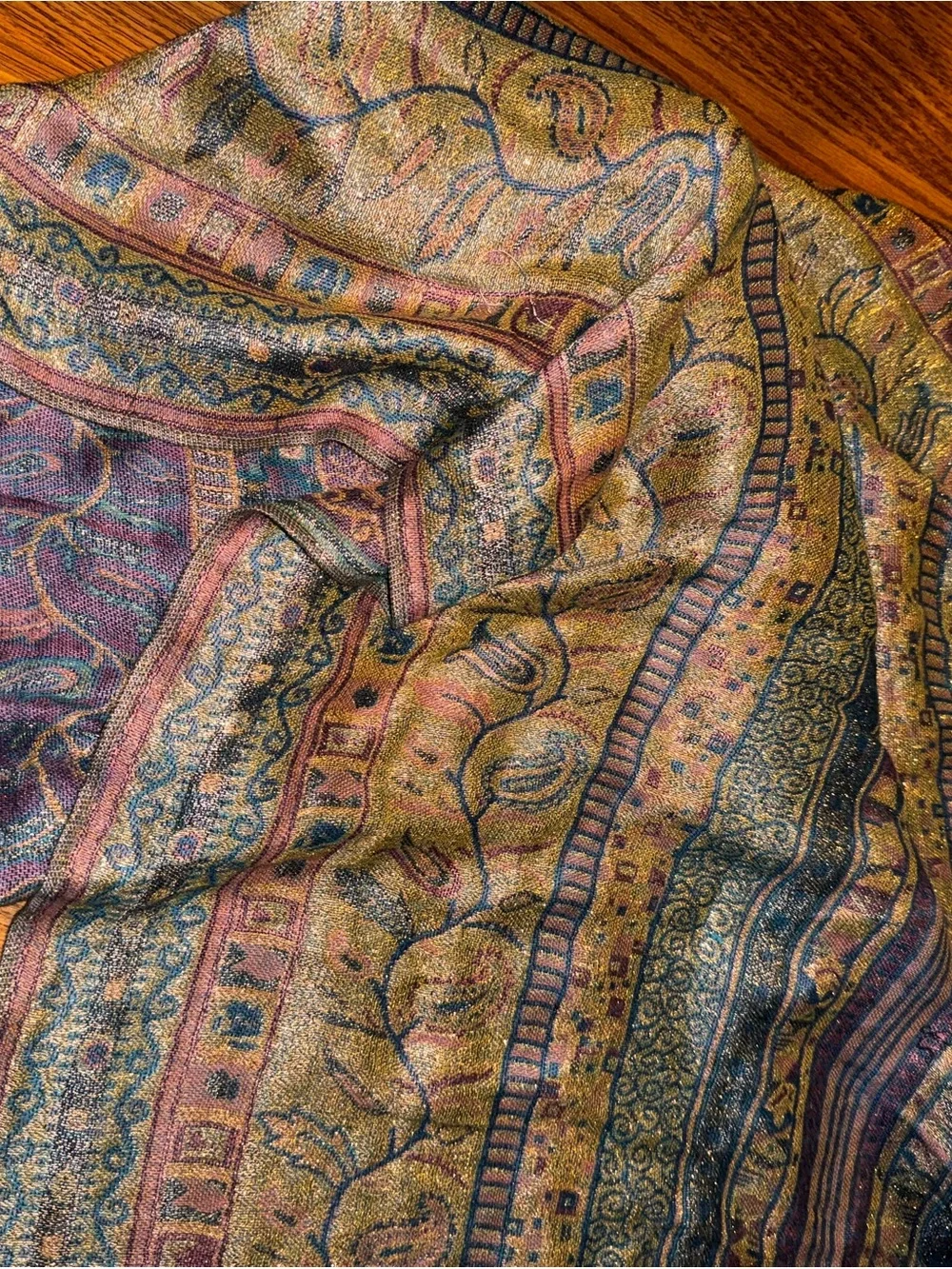 pashmina Multicolor Paisley Fringe Wrap in Gold, Teal, Rust 100% Pashima